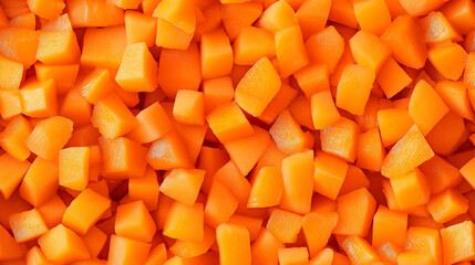 Wall Mural - a close-up, top-down view of diced apricots spread across the entire frame, filling the image with their bright orange color and smooth texture in uniform cubes