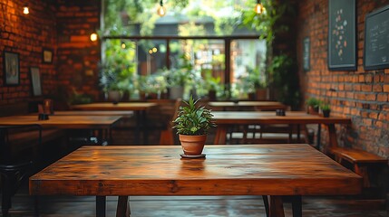 Empty wooden table in a cafe with plant decor and brick wall