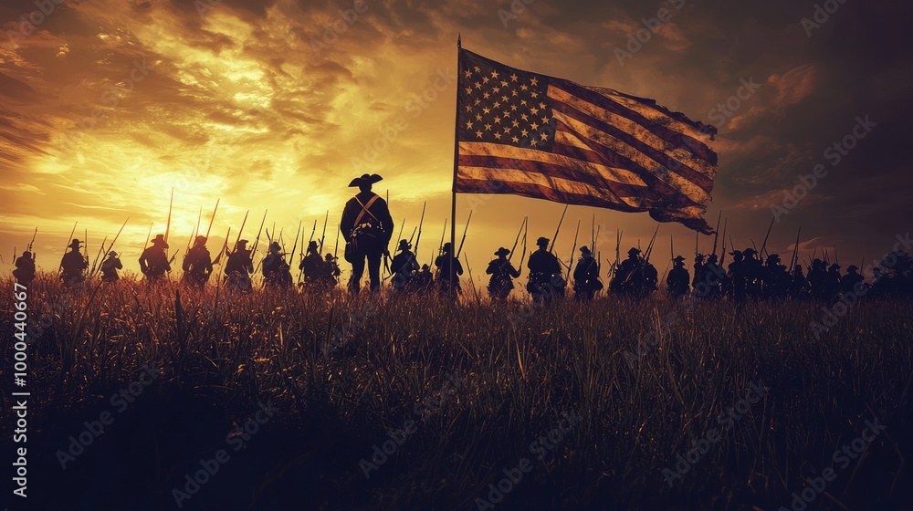 Patriotic Patriots: Historic Reenactment of Revolutionary War Battle with Soldiers in Period Costumes and American Flag Raised High
