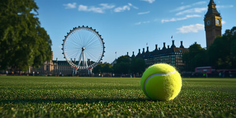 A tennis ball on the grass of a fanned club in London, with Big Ben and a Ferris wheel in the background. generative artificial intelligence