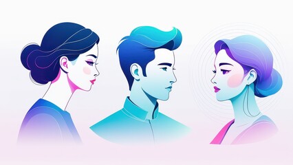 Three stylized profiles of individuals showcasing diverse hairstyles and expressions.