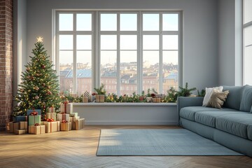 Wall Mural - Cozy living room with a Christmas tree by the window decorated with festive ornaments and surrounded by wrapped gifts capturing warm serene holiday atmosphere and home interior