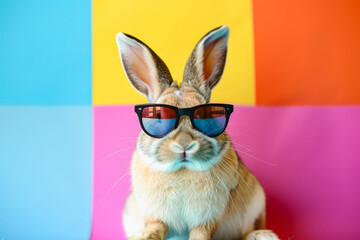 Wall Mural - Rabbit wearing sunglasses and standing in front of a colorful wall. The rabbit's sunglasses give it a cool and stylish appearance, while the colorful wall adds a vibrant