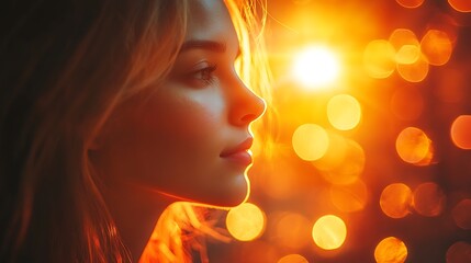 Wall Mural - Close up portrait of a young woman with a thoughtful expression against a bokeh background.