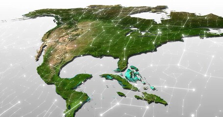 Leinwandbilder - Map, network and North America with grid lines for international or global communication. Future, hologram and world with data, internet or traffic on continent for cloud computing or satellite