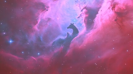 Wall Mural - A silhouette of a giraffe is seen in the bright colors of a nebula in space.
