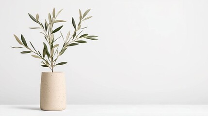 A variegated Olive tree in a modern ceramic pot on solid white background, single object