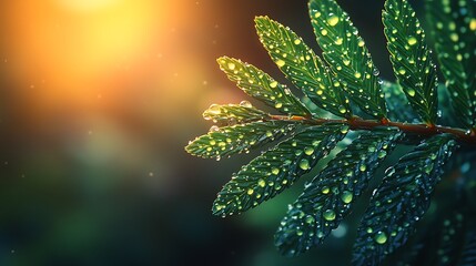 Wall Mural - Close up of Dew Drops on Green Leaves with Warm Sunlight in Background