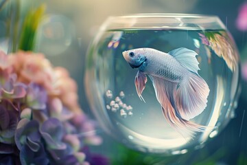 A fish is swimming in a fishbowl with a pink flower in the background, generative ai image