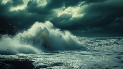 Dramatic Ocean Waves Crashing Against a Rocky Shoreline Under a Stormy Sky