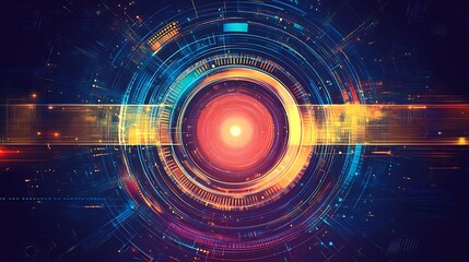 Abstract digital background with glowing rings and bright light in the center.