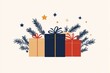 © Leo Rohmann - Holiday gift boxes wrapped in festive paper and decorated with pine branches and berries set against a dark blue background emphasizing the joy of Christmas giving