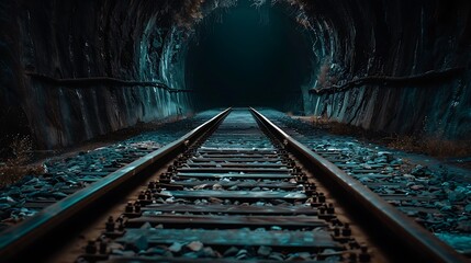 Wall Mural - A view of empty train tracks disappearing into a dark tunnel.