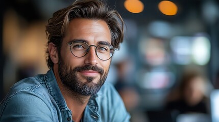 Canvas Print - Handsome man with beard and glasses smiling in a cafe. Portrait of a confident stylish guy.