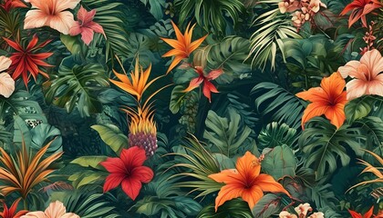 Wall Mural - Exotic tropical luxury seamless pattern featuring vibrant flora and natural elements