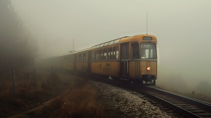 Wall Mural - A vintage metro train making its way through a foggy landscape.