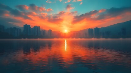 Vibrant orange and pink sunrise over city skyline with reflection in lake water. Peaceful and serene nature scene.