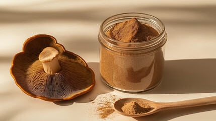 Wall Mural - whole reishi mushrooms with reishi mushroom powder in a glass jar with a small wooden spoon against an isolated cream background