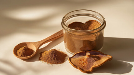 Wall Mural - whole reishi mushrooms with reishi mushroom powder in a glass jar with a small wooden spoon against an isolated cream background