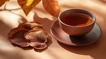 Wall Mural - whole reishi mushrooms beside a reishi mushroom tea cup and loose leaves against an isolated earthy terracotta background