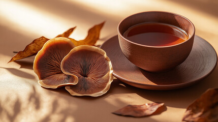 Wall Mural - whole reishi mushrooms beside a reishi mushroom tea cup and loose leaves against an isolated earthy terracotta background