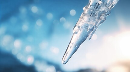 Icicle dripping water with sparkling bokeh background and blue tones in winter setting
