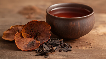 Wall Mural - whole reishi mushrooms beside a reishi mushroom tea cup and loose leaves against an isolated earthy terracotta background