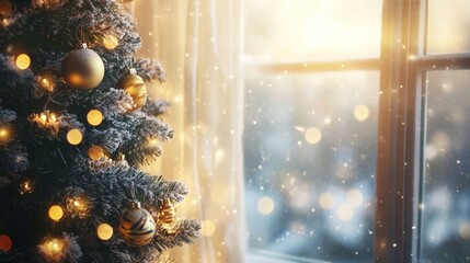 Wall Mural - A cozy winter morning with a Christmas tree by a window and gentle light bokeh creating a warm atmosphere