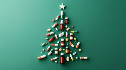 Wall Mural - A creative Christmas tree formed from colorful medicine bottles and pills on a vibrant green background, perfect for health-themed holiday displays