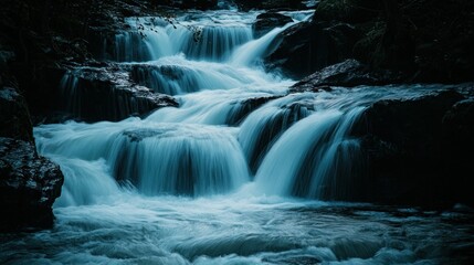 Poster - Cascading Waterfall Over Dark Rocks