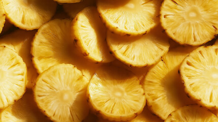 a close-up, top-down view of sliced pineapple spread across the entire frame, filling the image with their sunny yellow color and juicy texture in thick, uniform slices