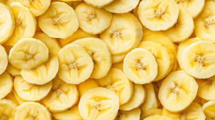 Wall Mural - a close-up, top-down view of sliced bananas spread across the entire frame, filling the image with their creamy yellow color and smooth texture in circular slices