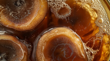 Wall Mural - a close-up, top-down view of reishi mushrooms soaking in tea, with the frame filled by their dark, softening forms as they float in an amber-colored liquid