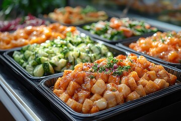 Variety of culinary delights. Teasty food in a salad bar at a restaurant. Selective focus