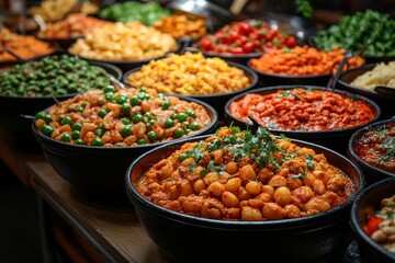 Variety of culinary delights. Teasty food in a salad bar at a restaurant. Selective focus