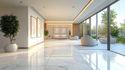 Sticker - Modern minimalist hallway interior with white marble floor, large windows, and green plants