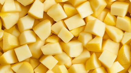 Wall Mural - a close-up, top-down view of diced pears spread across the entire frame, filling the image with their pale yellow color and smooth texture in uniform cubes