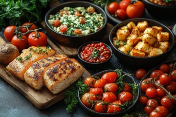 Variety of culinary delights. Teasty food in a salad bar at a restaurant. Selective focus