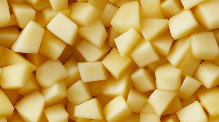 a close-up, top-down view of diced pears spread across the entire frame, filling the image with their pale yellow color and smooth texture in uniform cubes