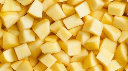 Wall Mural - a close-up, top-down view of diced pears spread across the entire frame, filling the image with their pale yellow color and smooth texture in uniform cubes