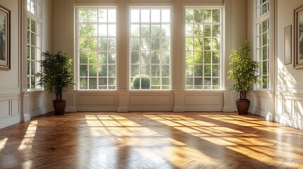 Canvas Print - Sunlight streaming through large windows in a spacious empty room with hardwood floors