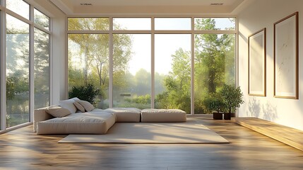 Poster - Modern living room with large windows and natural light, minimalist furniture and wooden floor