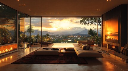 Sticker - Modern living room with fireplace and panoramic mountain view at sunset.