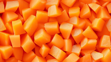 Wall Mural - a close-up, top-down view of diced apricots spread across the entire frame, filling the image with their bright orange color and smooth texture in uniform cubes