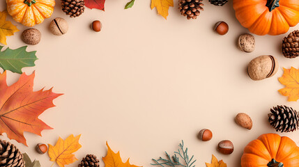 Wall Mural - Colorful autumn elements like leaves pumpkins pinecones and nuts on a pastel beige background with a copy space image Minimal fall theme with a nature flat lay