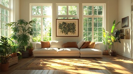 Poster - Modern living room interior design with large windows, plants, and a white sofa