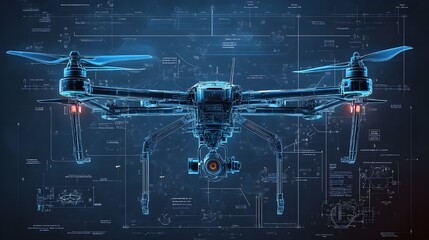 Wall Mural - blueprint images of a modern drone with detailed mechanical schematics and layouts