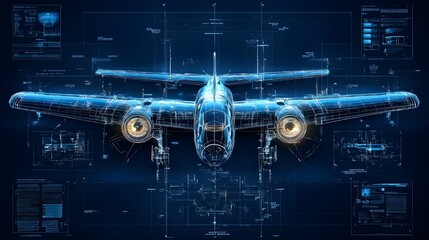 Wall Mural - pictures of modern airplane blueprints with detailed avionics and systems