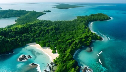 Poster - Breathtaking aerial perspective of a tropical island featuring vibrant green forests, pristine sandy beaches, and sparkling turquoise waters encircled by the ocean