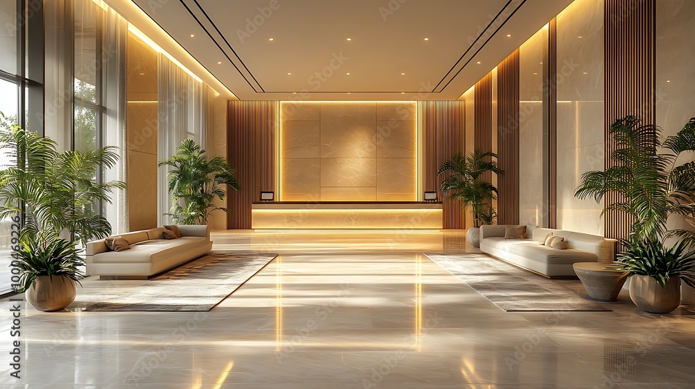 Luxury hotel lobby interior design with modern furniture, plants, and ...